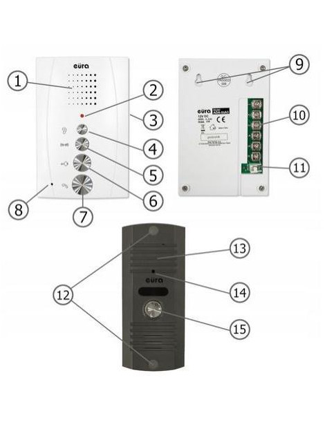DOMOFON ''EURA'' ADP-51A3 ''DIFESA'' - 1-rodzinny, 2 unifony, interkom, biały